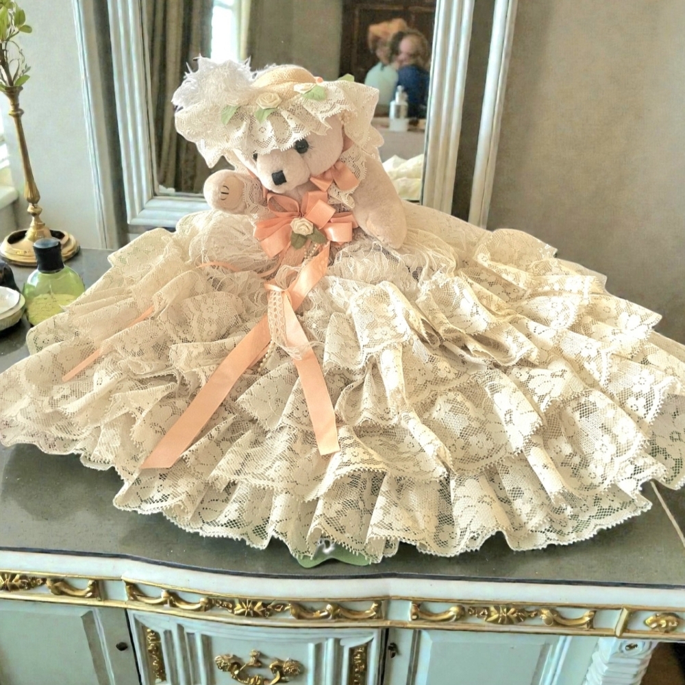 Rare 1980 Vintage Lace Teddy Bear with Cream Wedding Dress Hat Pearl Accents